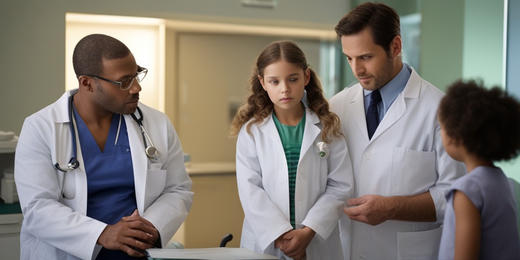 Doctor conducting diagnosis for Rett Syndrome with concerned but hopeful girl and parents in background.