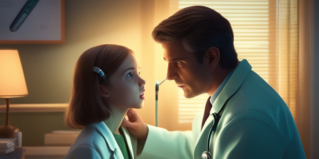 Doctor examines patient's throat with flashlight and tongue depressor in a calming green doctor's office.