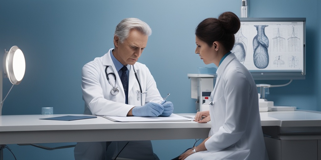 Doctor examining ECG printout with patient sitting across, conveying professionalism and trust.