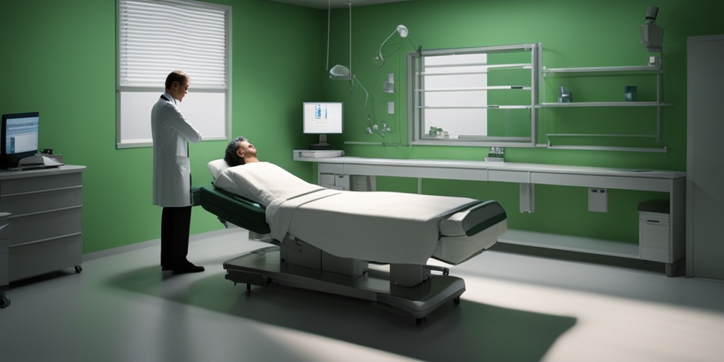 Doctor examining a patient with suspected thyrotoxicosis in a modern, well-lit hospital room, conveying empathy and understanding.