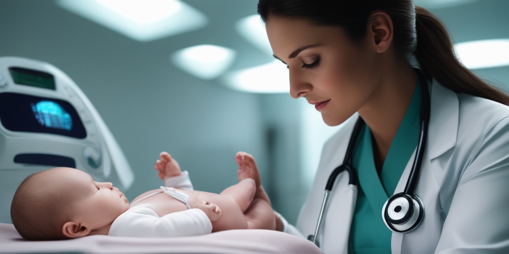 Doctor examining baby with EHBA in a sterile white environment with medical equipment and subtle green hints.