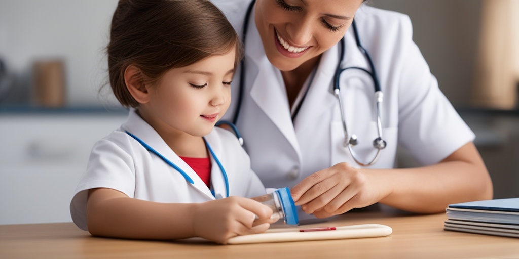 Doctor examining child's skin with warm creamy white background and subtle blue hints.