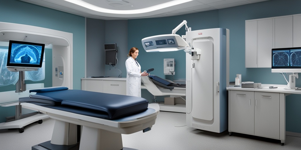 Doctor examining patient with advanced medical equipment in a diagnostic room