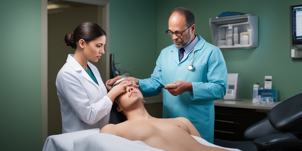 Doctor examining patient with suspected Hidradenitis Suppurativa in a clinical setting, conveying concern and empathy.