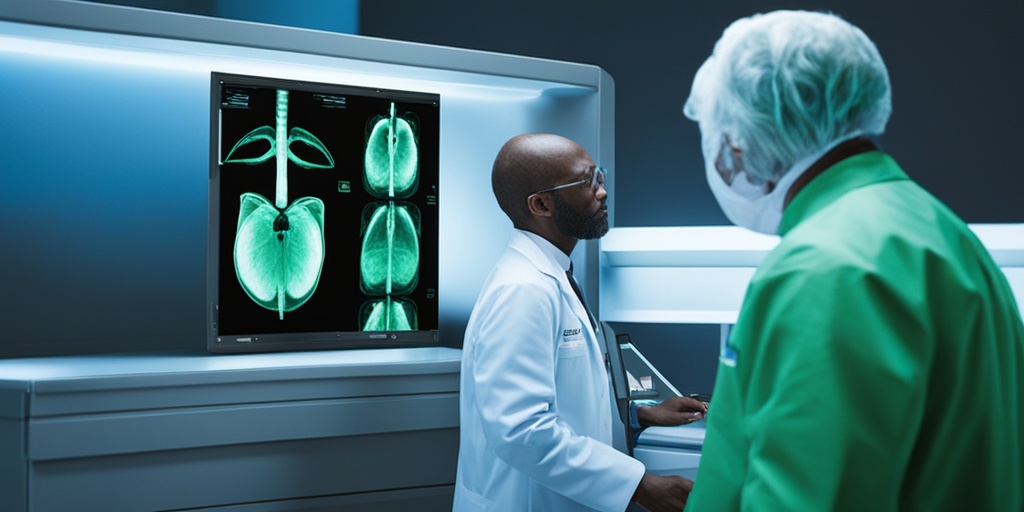 Doctor examining patient's chest X-ray with a focus on diagnosing Lymphangioleimyomatosis in a green and blue lit medical setting.