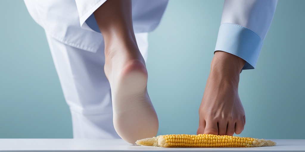 Doctor examining patient's foot with callus or corn in modern medical office with subtle blue background.