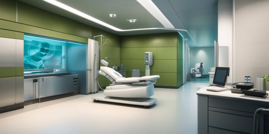 Doctor examining patient's knee joint with MRI machine in a modern medical facility with calming green and blue colors.