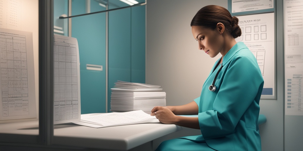 Doctor examining patient's medical charts, conveying concern and empathy in a clean and modern medical setting.