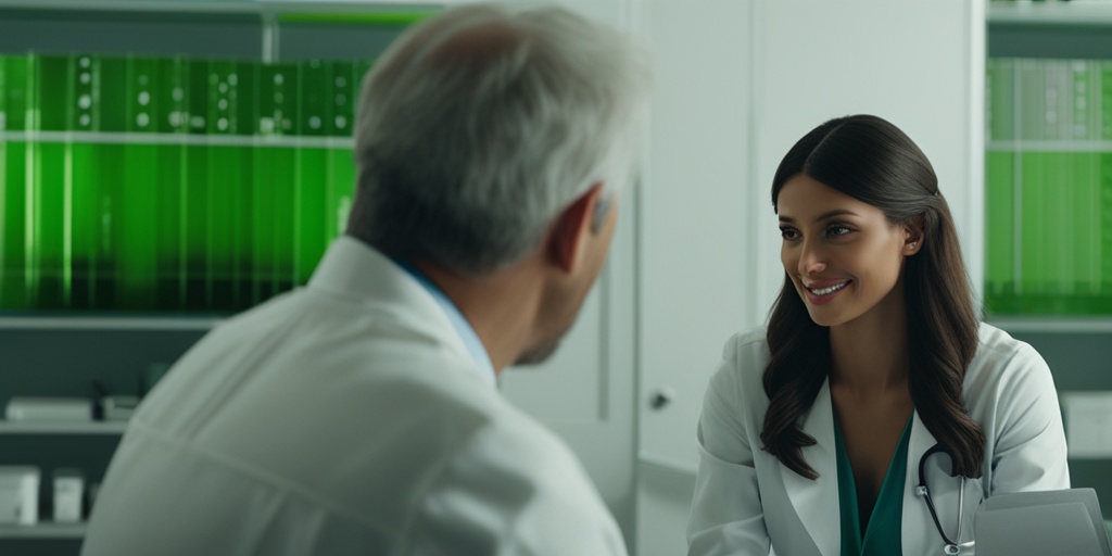 Doctor examining patient's scalp for dandruff in a medical setting with green background