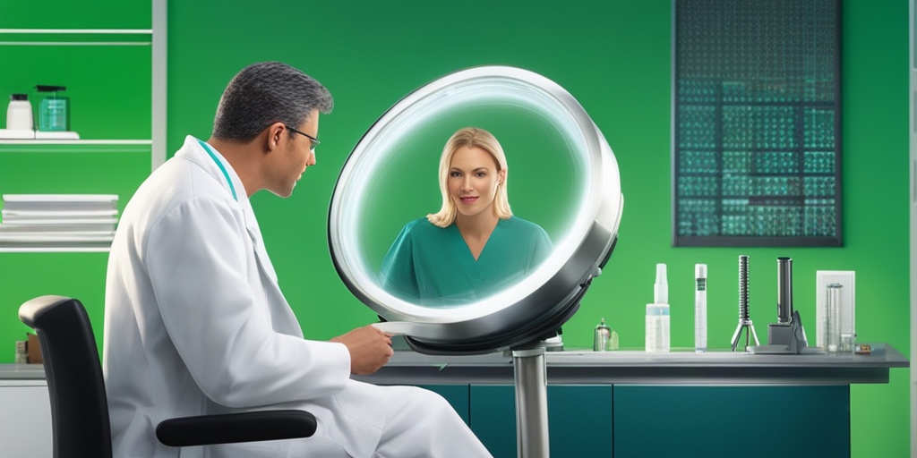 Doctor examining patient's scalp with magnifying glass in well-lit doctor's office