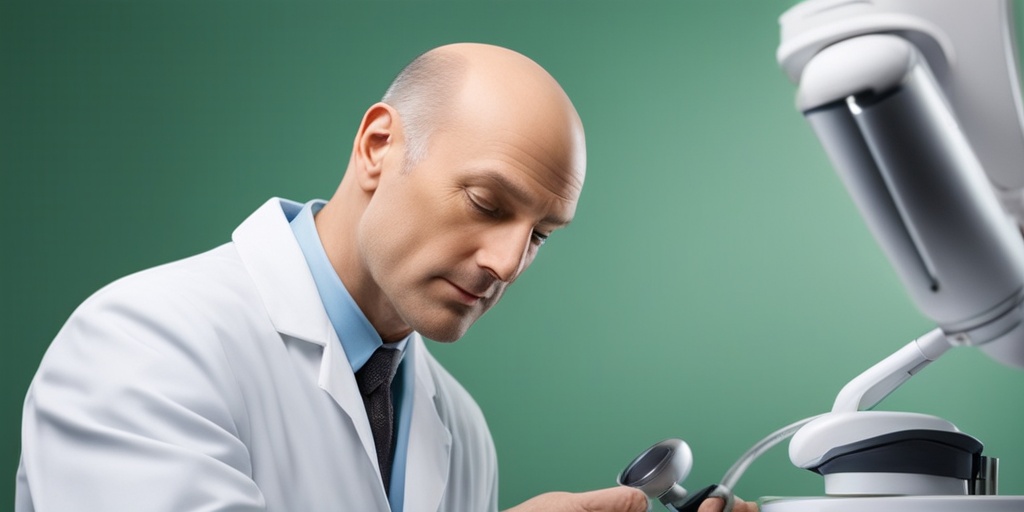 Doctor examining patient's scalp with medical tools against green background conveying professionalism and empathy.