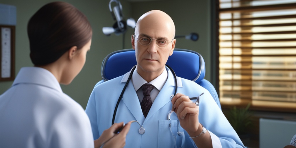 Doctor examining patient's scalp with medical tools nearby against a subtle blue background.