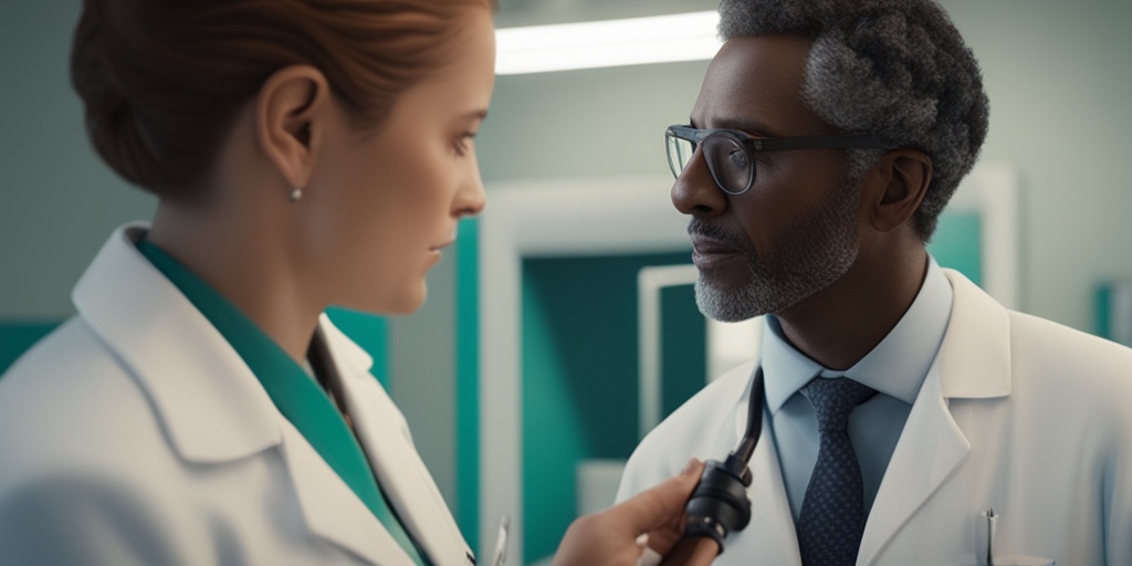 Doctor examining patient's skin for Lichen Annularis, holding dermatoscope, with concerned expression and calming blue tone.