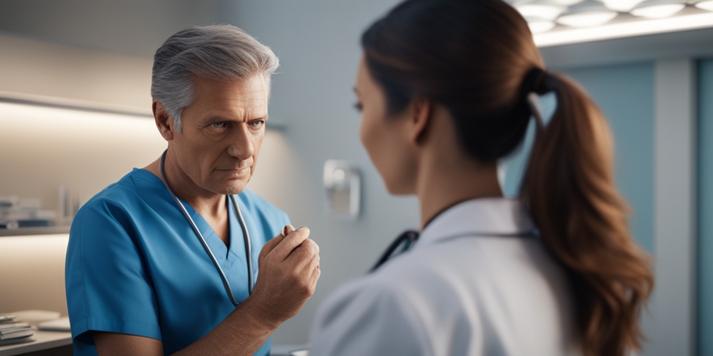 Doctor examining patient's temporal artery with stethoscope, conveying concentration and concern.