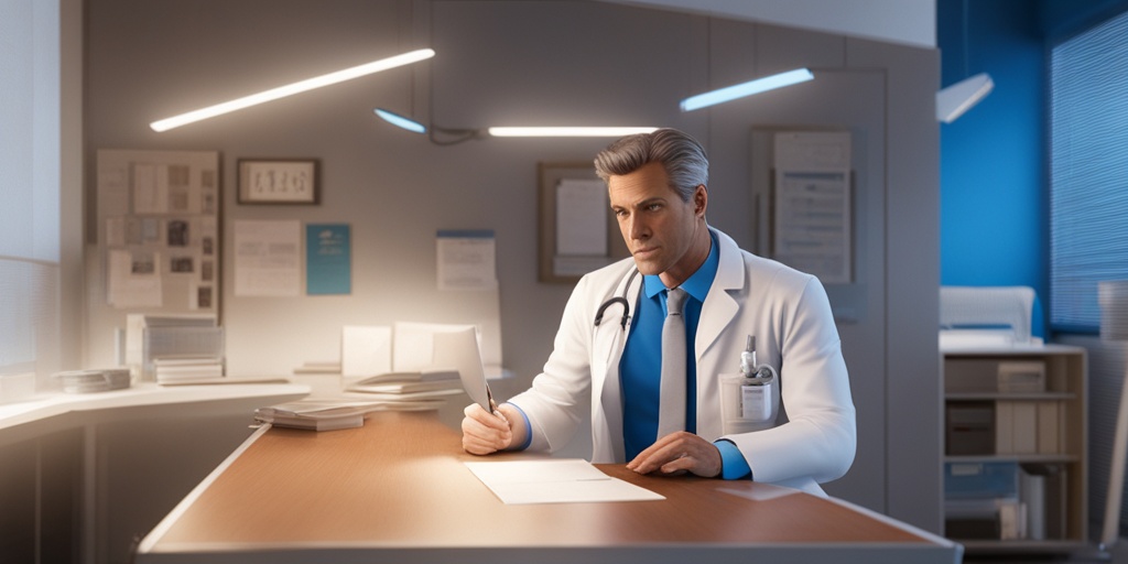 Doctor explaining Statin-Induced Myopathy to a concerned patient, with a detailed diagram of muscle structure on the desk.