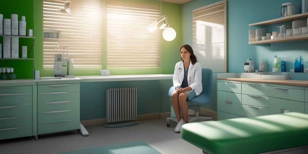 Doctor explaining treatment plans to a child in a doctor's office with medication and physical therapy equipment.