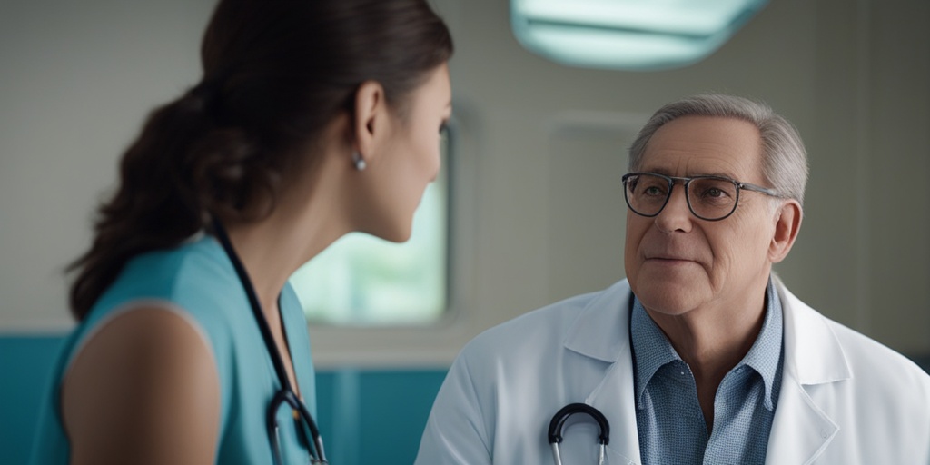 Doctor gently examining a patient with Treacher Collins Syndrome in a clinical setting with subtle blue background.