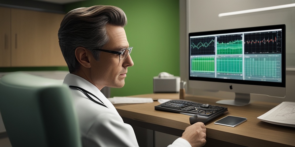 Doctor reviewing ECG printout in modern medical office with stethoscope around neck