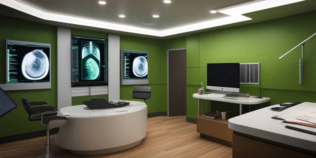 Doctor reviewing medical test results in a modern well-lit office with green accent wall