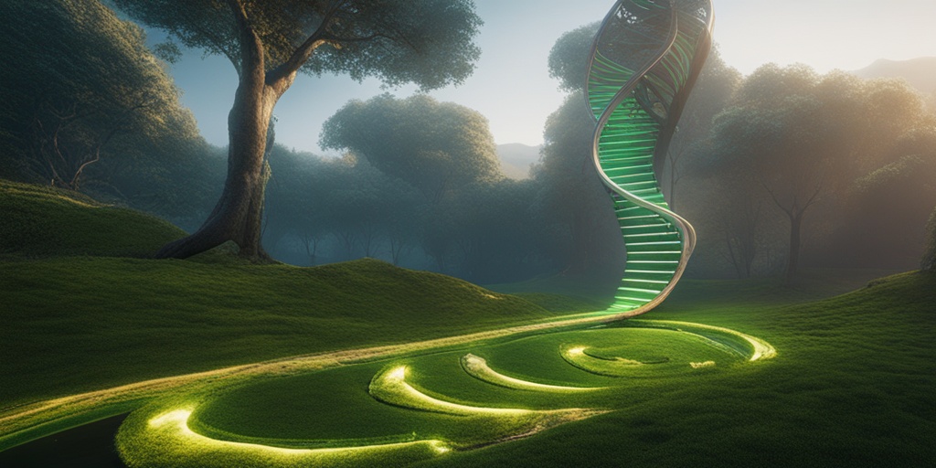 Double helix DNA structure with green glow surrounded by chromosomes and genetic markers