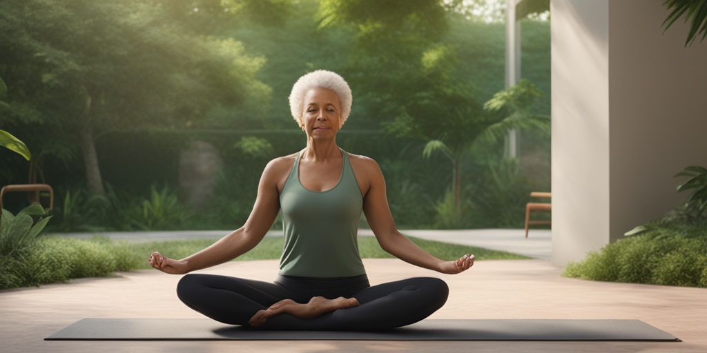 Elderly person engaging in gentle exercise, such as yoga or stretching, in a serene outdoor environment, conveying hope and resilience.