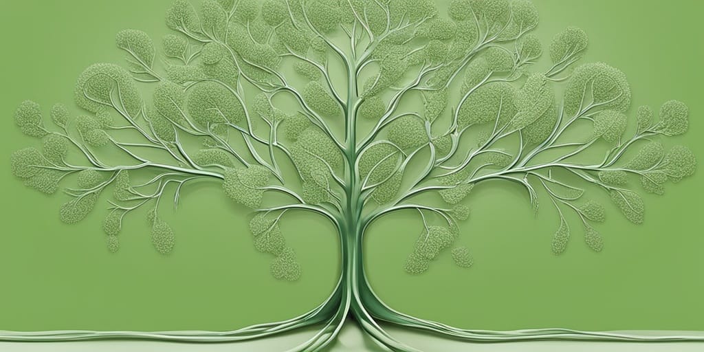 Family tree with affected individuals highlighted in soft green, featuring DNA helix structures and chromosomes.