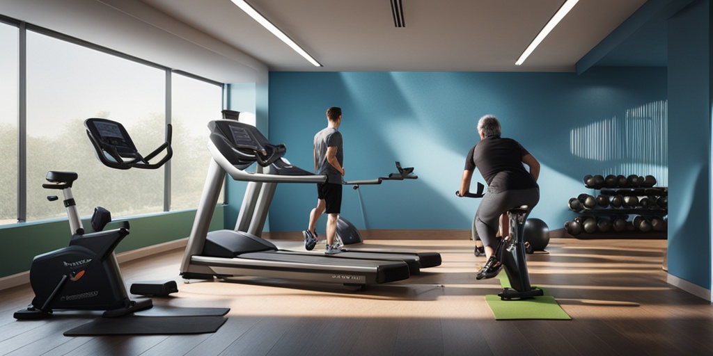 Group of COPD patients engage in various exercises in a modern gym with uplifting atmosphere.