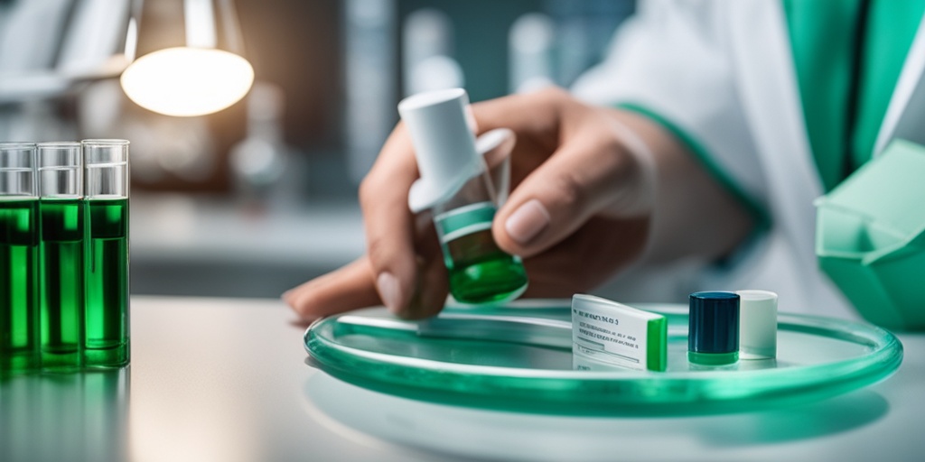 Healthcare professional analyzing blood sample in laboratory setting with dominant green tone and subtle blue hints.