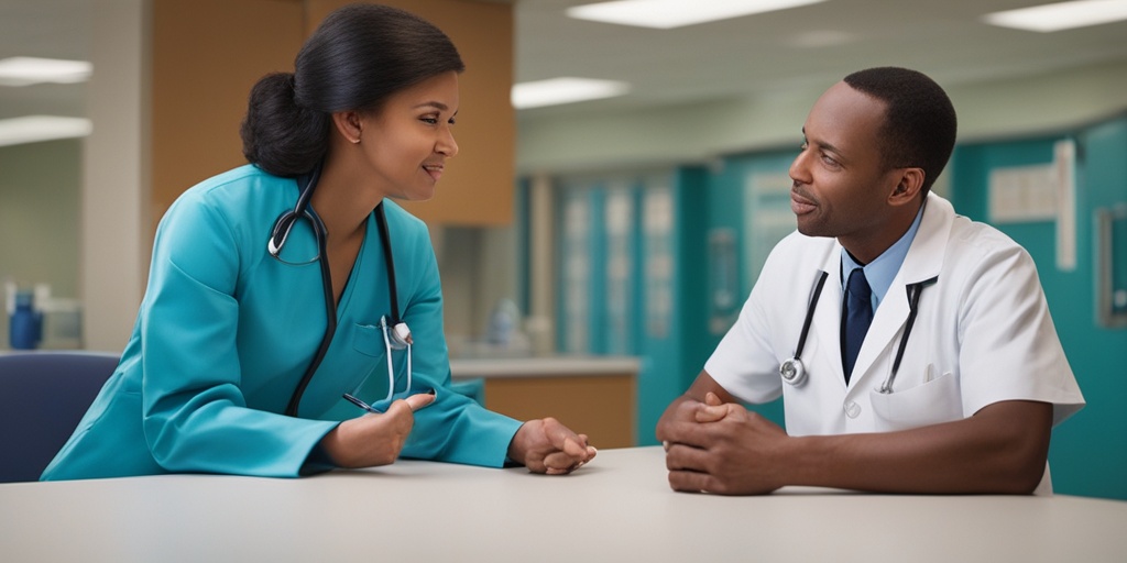 Healthcare professional discusses treatment options with worried parent in calm hospital setting.