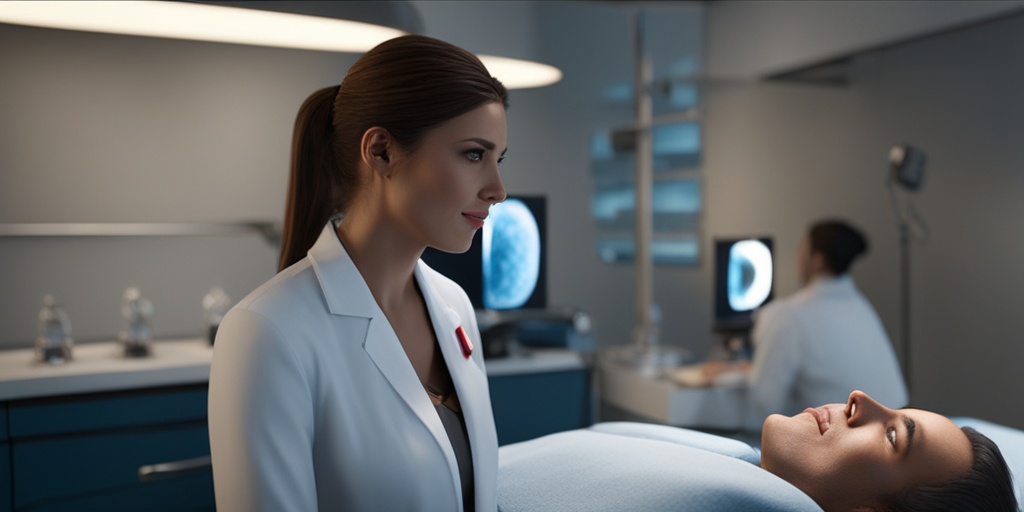 Healthcare professional examining a patient with Bullosa Hereditaria, highlighting diagnostic process with realistic medical equipment on a subtle blue background.