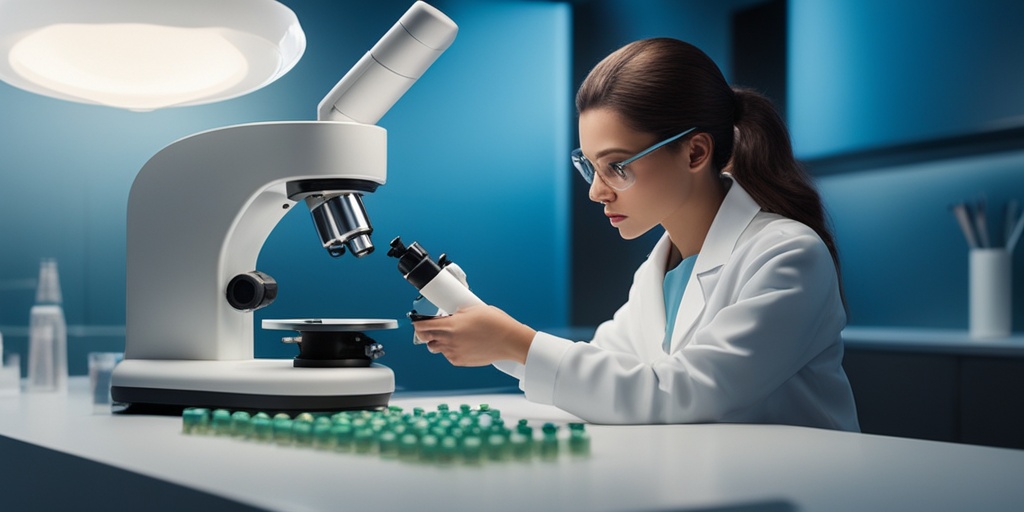 Healthcare professional examining a sample under a microscope in a modern medical laboratory, surrounded by medical equipment.