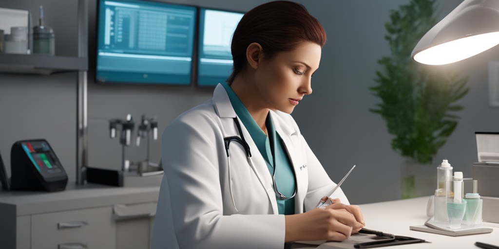 Healthcare professional examining patient with stethoscope, surrounded by medical equipment, conveying authority and expertise.