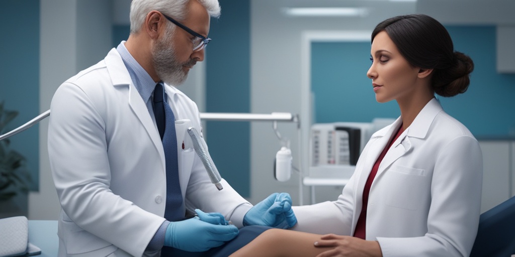 Healthcare professional examining patient's blood test results in a trustworthy blue-toned setting, exuding expertise and care.