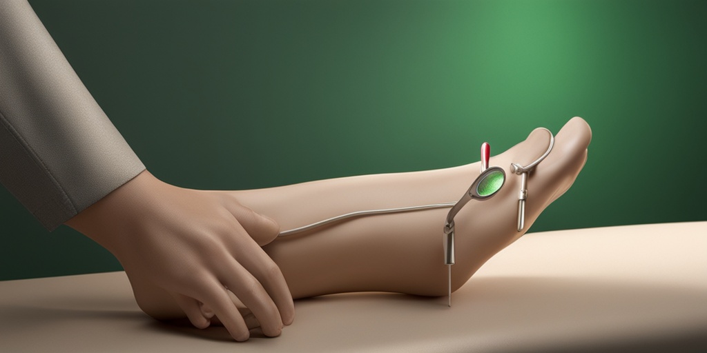 Healthcare professional examining patient's foot with green background and medical props, showcasing diagnostic process.