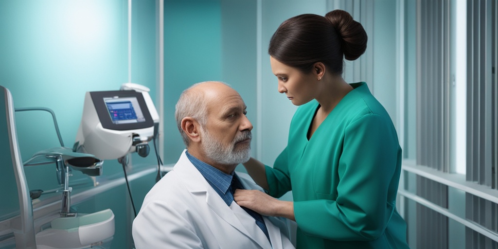 Healthcare professional examining patient's lymph nodes with medical equipment in the background in a trustworthy blue tone.