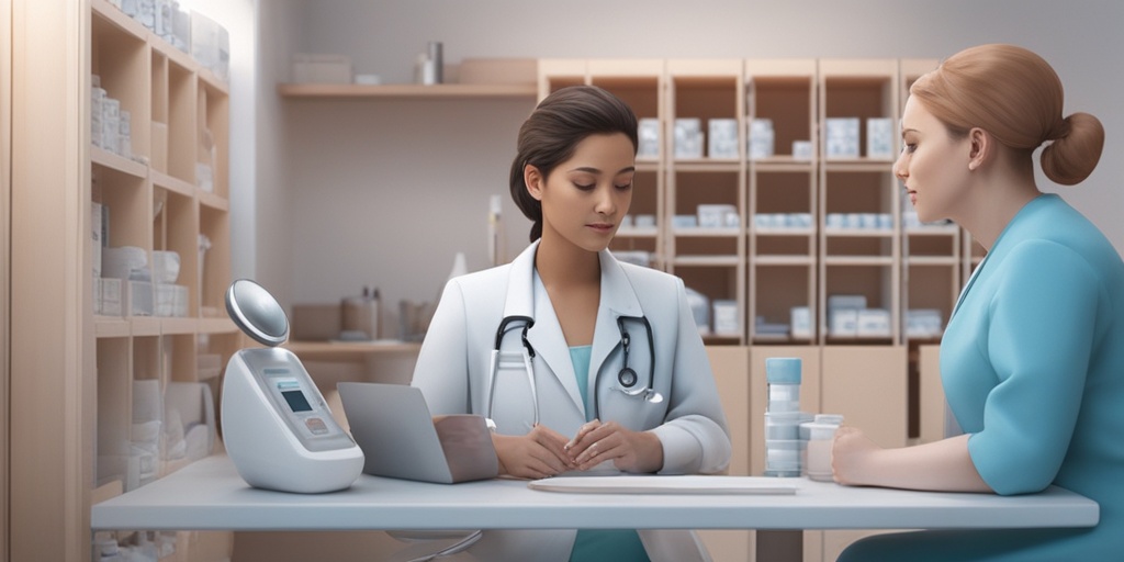 Healthcare professional explaining treatment options to patient with medical equipment and materials nearby.