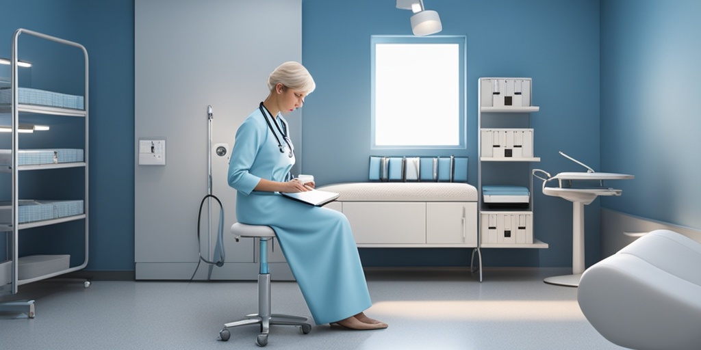 Healthcare professional gently examining a mother's breast in a modern medical examination room.