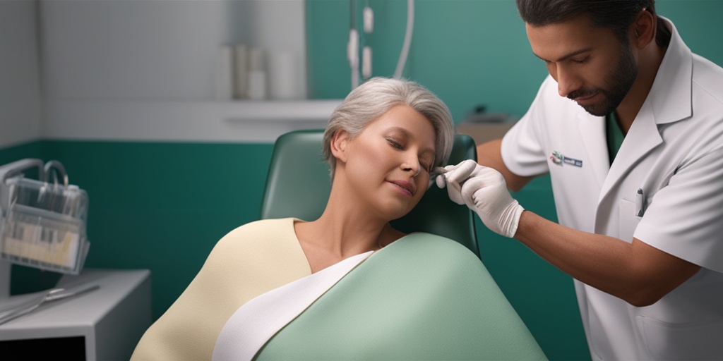 Healthcare professional gently treating a patient's wound, focusing on comfort and care in a harmonious green and creamy white environment.