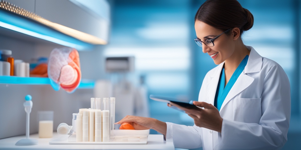 Healthcare professional holding a tablet with interactive digestive system model, set against a calming blue background with a grid pattern.