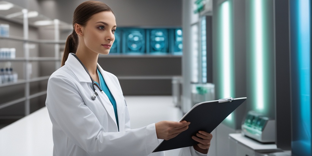 Healthcare professional in a lab coat holding a clipboard in front of medical equipment