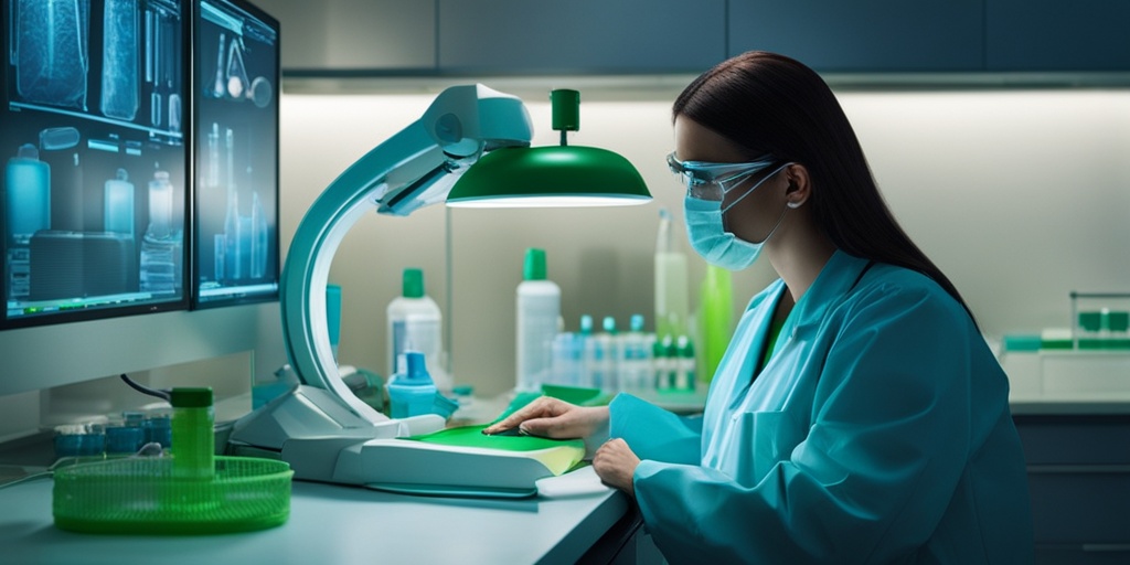 Healthcare professional in laboratory setting with medical equipment, dominant blue and subtle green colors.