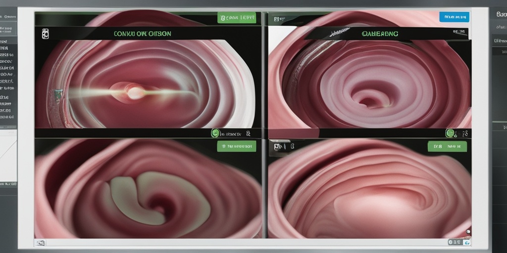 Healthcare professional performing a colonoscopy with a 3D render of the colon and polyps on a nearby screen.