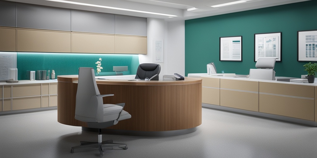 Healthcare professional reviewing patient's medical charts and test results in a modern office.