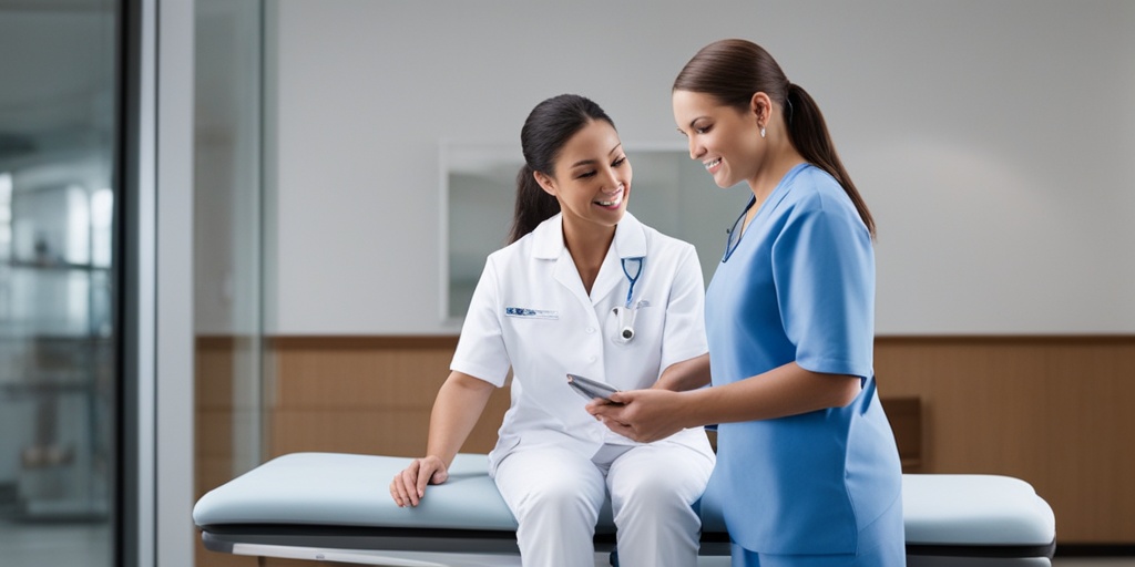 Healthcare professional working with patient in clinical setting, with physical therapy equipment and medication.