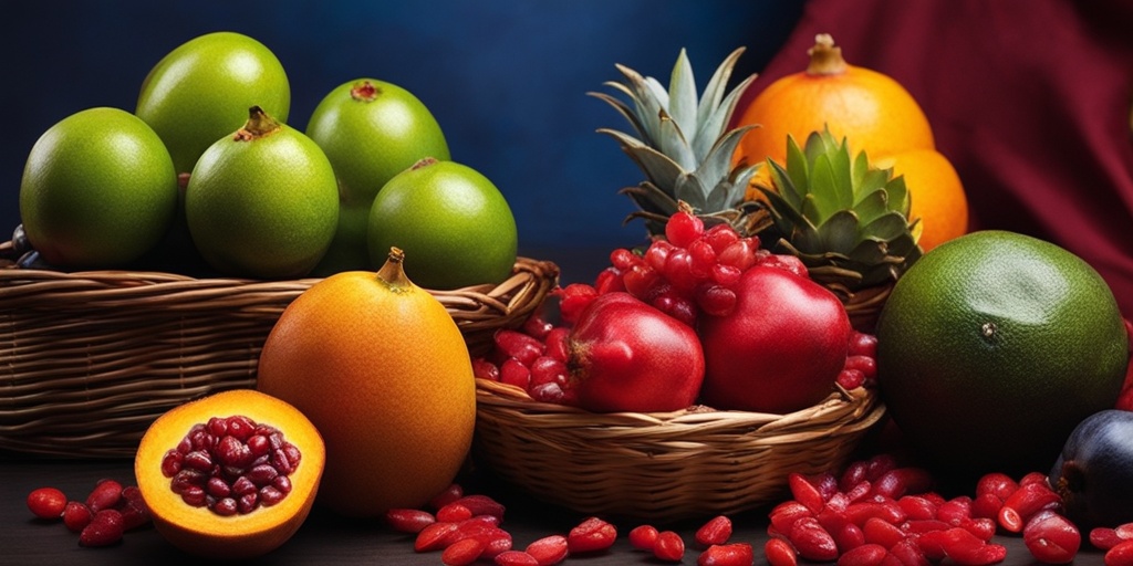 Healthy person holding basket of exotic fruits with warm and inviting lighting.