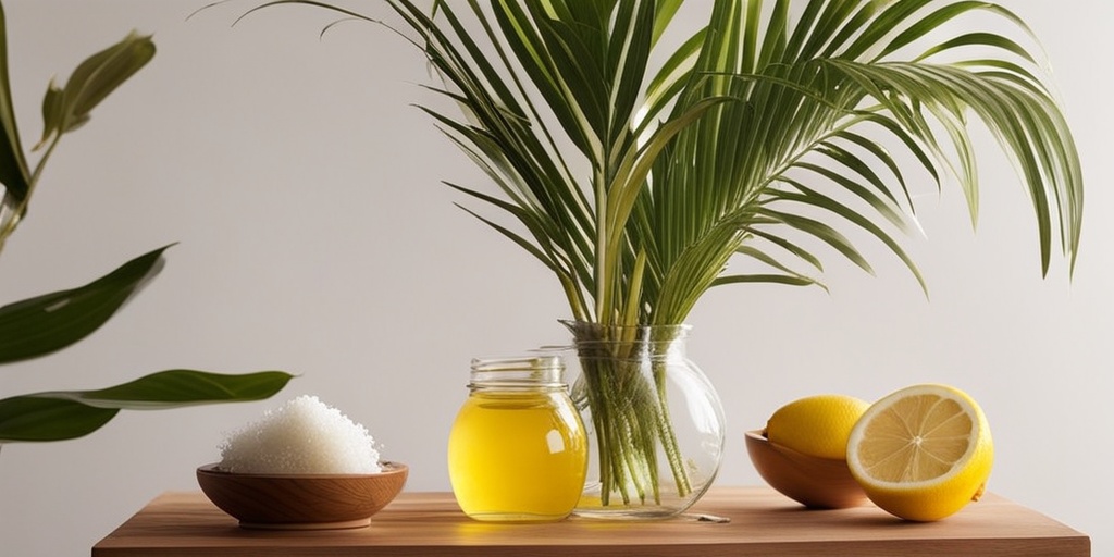 Home remedies for dandruff including coconut oil and lemons in a natural environment