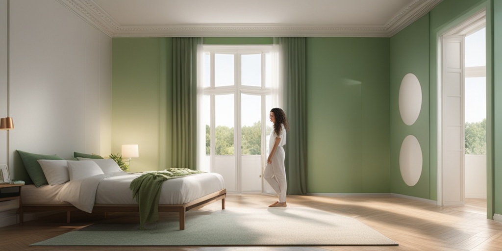 Hopeful woman standing in bright room, surrounded by fertility objects, with soft green background.