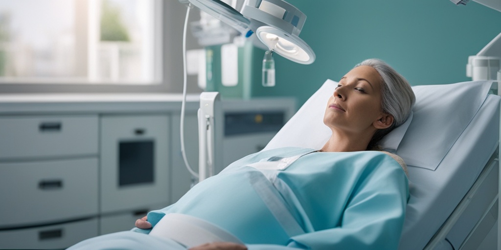 Hospital room with pregnant woman and medical professionals treating preterm labor