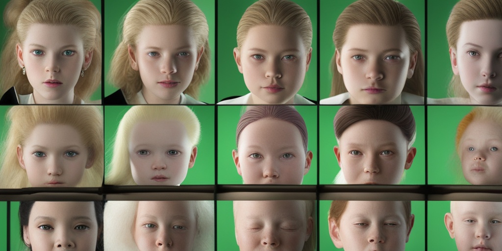 Illustration of different Albinismus types with 3D models of eye, skin, and hair on a green background.