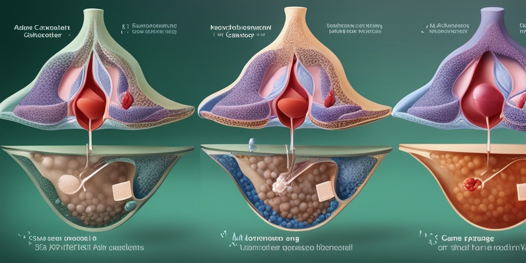 Illustration of four stages of ovarian epithelial cancer, from stage I to stage IV, showing progression of cancer cells.